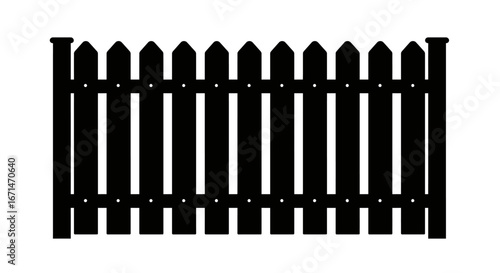 A classic black picket fence silhouette with pointed tops and horizontal rails creating a strong graphic element for design and illustration purposes silhouette