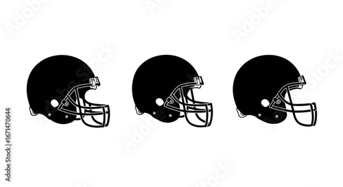 Three american football helmets displayed side by side in a clean graphic illustration representing the sport s equipment and team spirit silhouette