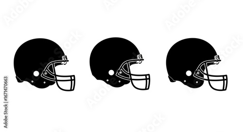 Three identical black american football helmets shown in profile against a white background in a clean graphic silhouette style