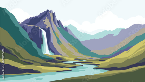 Scenic mountains with evergreen forest cabin