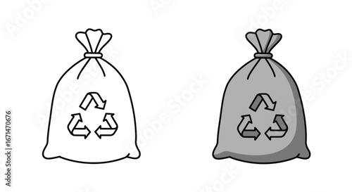 Two stylized drawings of a garbage bag with a recycling symbol on it one in outline and one in grayscale silhouette