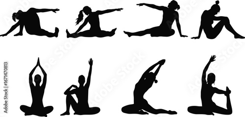 Collection of eight diverse female silhouettes performing various yoga poses and stretching exercises demonstrating flexibility and wellness isolated on transparent background