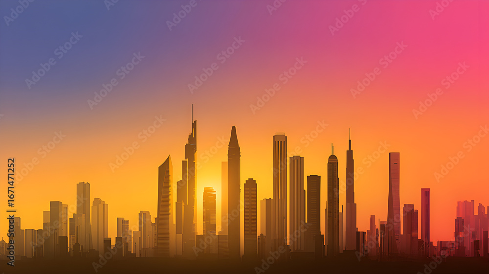 Fototapeta premium Orange Sunset Over Modern City Skyline with Tall Buildings