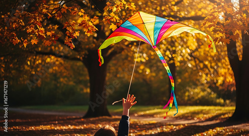 Colorful Kite Soaring in Autumn Park, Childs Joyful Release.