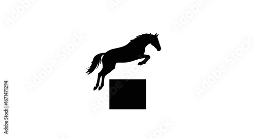 A powerful black horse in a dynamic leaping silhouette over a dark rectangular obstacle representing equestrian sport and athleticism silhouette