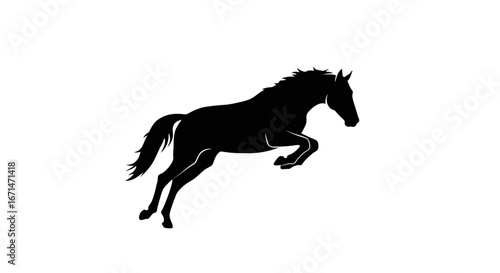 Dynamic black silhouette of a powerful horse leaping gracefully against a clean white background showcasing its athletic build and flowing mane silhouette