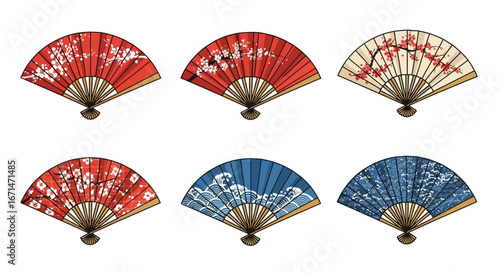 Elegant Set of Japanese Folding Fans with Floral and Wave Designs