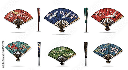 Vector collection of ornate Japanese folding hand fans with cultural floral and animal patterns, shown both open and closed