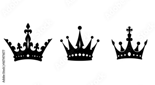 Three ornate black royal crowns displayed in a row against a white background presented in a classic silhouette style