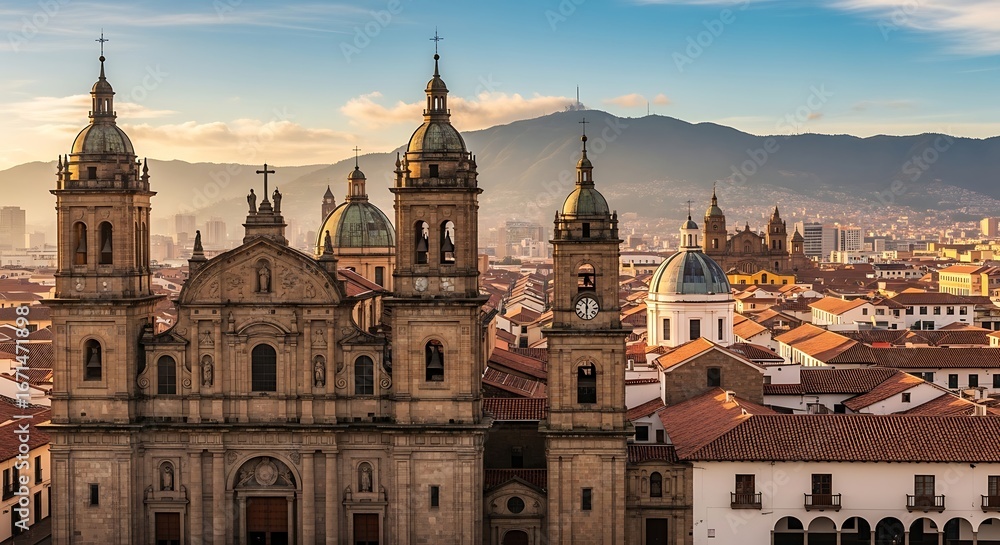 Fototapeta premium Primatial Cathedral of Bogot? at Sunset, Plaza de Bol?var, Colombia.