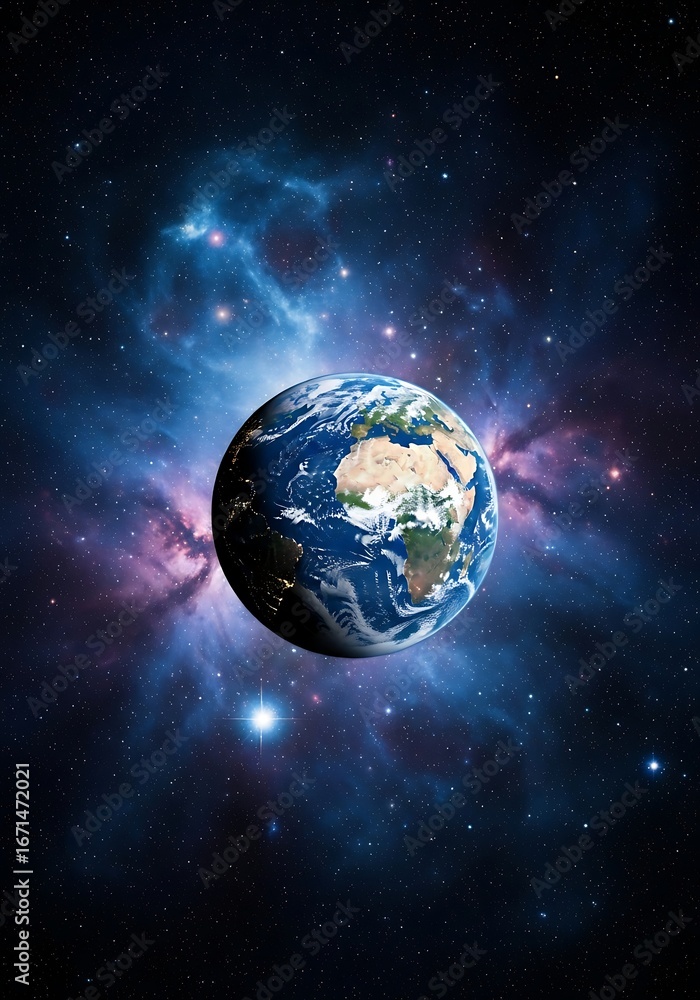 Naklejka premium The earth viewed from space, illuminated by starlight, with a nebula and distant galaxies in the background