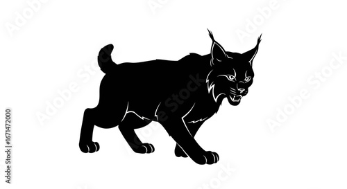 A detailed black silhouette of a wild lynx with distinctive ear tufts and a bushy tail captured in a dynamic pose against a white background silhouette