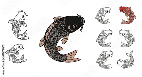 Elegant collection of Japanese Koi carp illustrations, a traditional Asian symbol of luck and fortune isolated on a white background