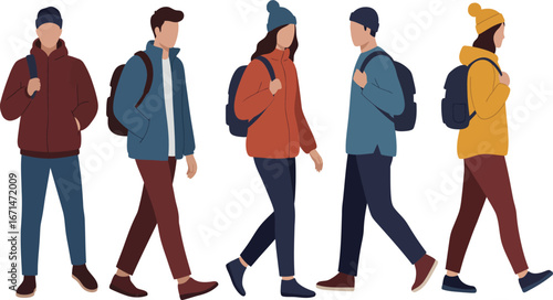 Diverse group of five young adults wearing winter clothing and backpacks walking together isolated on transparent background
