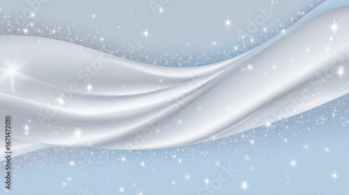 Elegant light blue background with flowing white fabric and sparkling stars