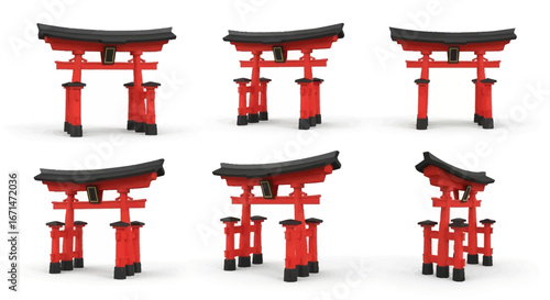 A collection of 3D rendered traditional red Japanese Torii gates, showcasing various angles of this iconic cultural and spiritual symbol isolated on a white background