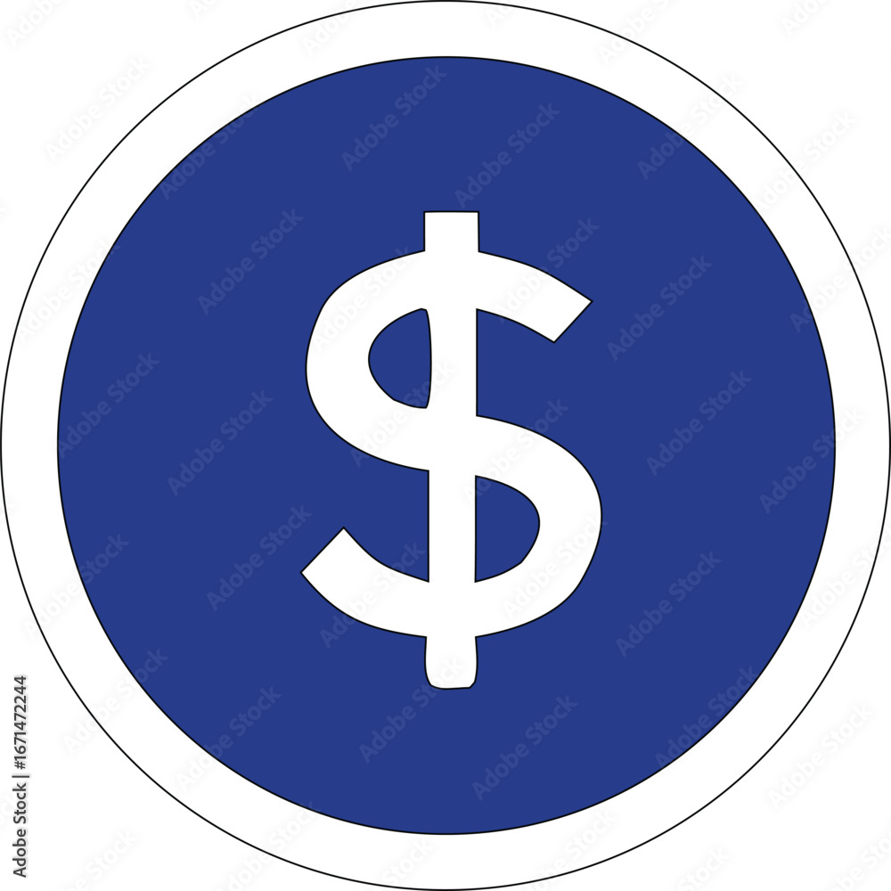Obraz premium White dollar symbol centered inside a royal blue circle with a white border a financial icon representing wealth and currency