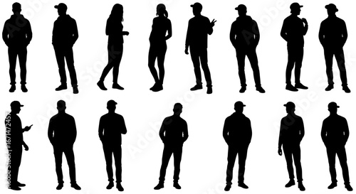Collection of diverse male and female human figures in a clean black silhouette style against a white background showcasing various casual poses and stances silhouette