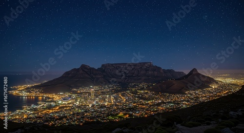 Table Mountain Overlooking Cape Town City Lights at Night