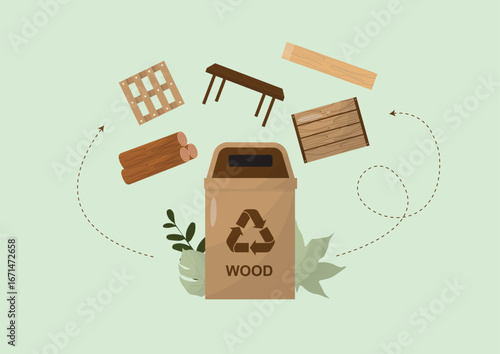 Wood Recycling Process. Wood recycling bin with wooden furniture and materials representing sustainable wood waste management. Wood waste concept. Flat design. Zero waste. Vector illustration