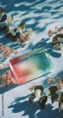 Colorful, rectangular soap on light blue surface, surrounded by eucalyptus and small flowers