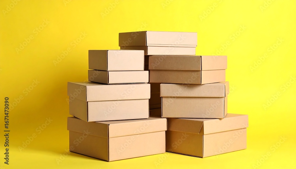 Fototapeta premium Stack of brown cardboard boxes on yellow background