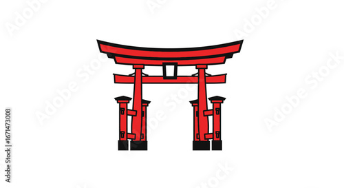 Japanese culture concept with a traditional red torii gate, a sacred Shinto shrine entrance isolated on white
