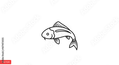 Minimalist koi fish line art icon. A clean, simple vector graphic of a Japanese carp, symbolizing luck and nature, isolated on white background