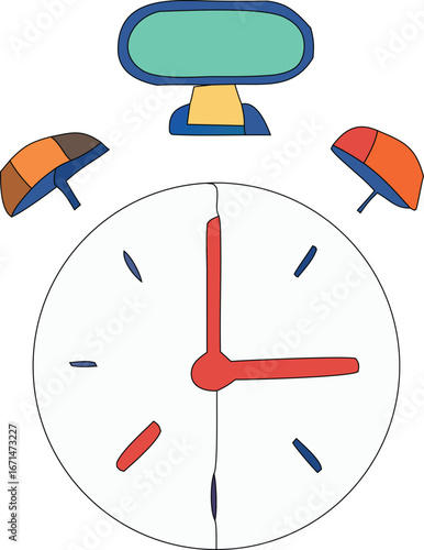 Retro alarm clock with colorful bells and digital display showing time for waking up early morning