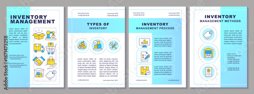 Inventory management blue brochure layout. Types, processes, methods of supplies control. Leaflet advertising design with color line icons. Editable 4 pages. Arial, Myriad Pro-Regular fonts used