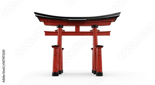 Traditional red Japanese Torii gate representing the sacred entrance to a Shinto shrine, isolated on a white background as a 3D illustration