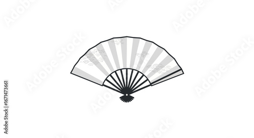 Minimalist black and white vector illustration of a traditional Japanese folding fan. An elegant cultural symbol for cooling and dance, isolated on a white background