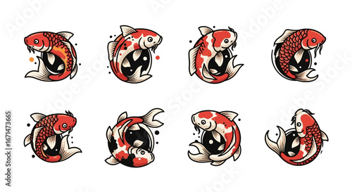 Artistic set of traditional Japanese koi fish tattoo designs, powerful symbols of good luck, strength, and perseverance