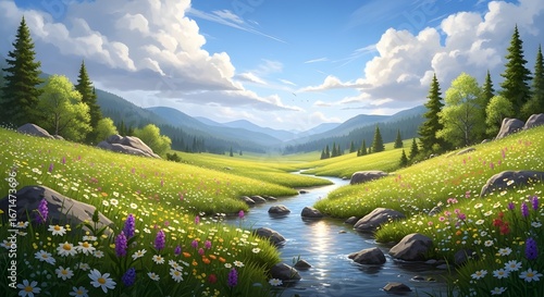 Vibrant Meadow with Wildflowers and Mountain Backdrop