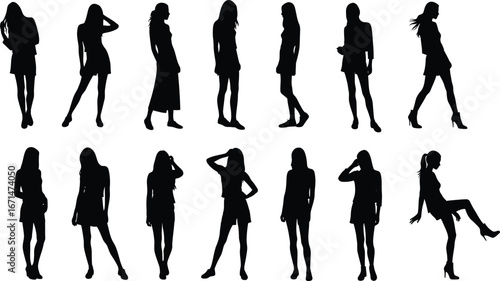 Collection of diverse female silhouettes in various fashionable poses showcasing different styles and body types isolated on transparent background