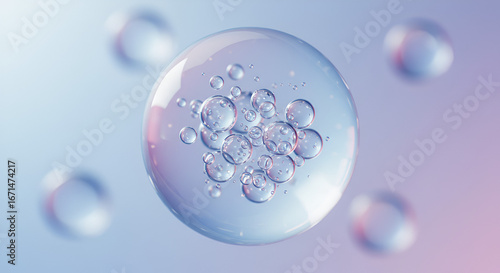 Abstract background with bubbles inside sphere, clear and transparent shapes
