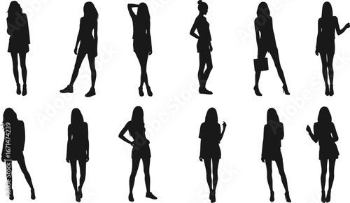 Collection of diverse female silhouettes in various fashionable poses and outfits showcasing modern style and elegance isolated on transparent background