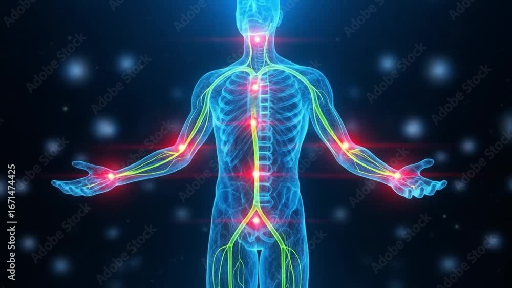 A detailed 3d rendering of the human bodys skeletal and nervous systems ...
