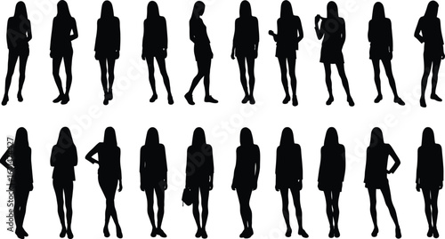 Collection of diverse female silhouettes in various poses and outfits showcasing fashion and style isolated on transparent background