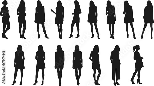 Collection of diverse female silhouettes in various fashionable poses and outfits showcasing modern style and elegance isolated on transparent background