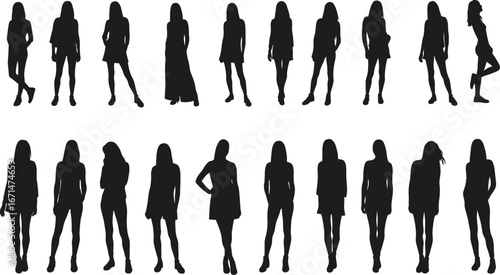 Collection of diverse female fashion silhouettes showcasing stylish outfits and poses isolated on transparent background for design projects