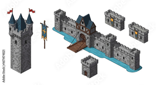 Isometric 2:1 video game-style vector illustration of medieval castle assets | Includes stone castle tower with flags, gate with drawbridge, stone wall segments, guard tower, medieval banner
