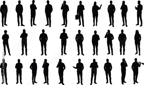 Collection of diverse male silhouettes in various standing poses and attire representing different professions and activities isolated on transparent background