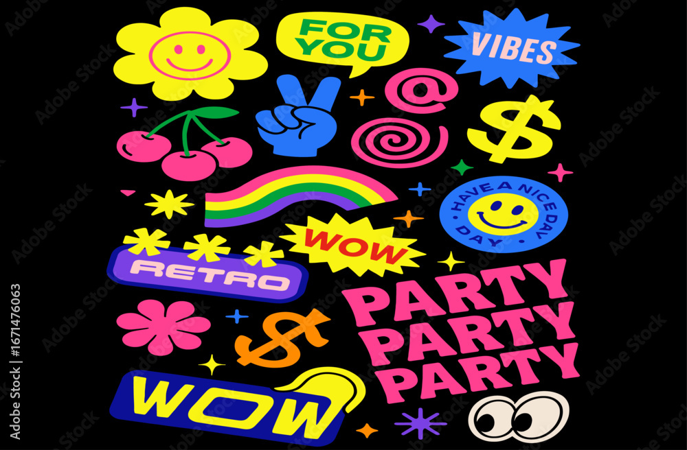 Obraz premium Futuristic Y2K Stickers Collection. Cartoon stickers in funky hipster groovy grunge 90s style. Vector set, trendy promo labels. y2k illustration. y2k vector.