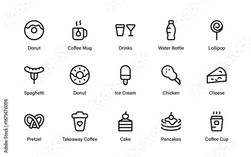 Fast Food Modern Line Icon Set Featuring Clean Minimal Vector Outline Designs for Takeaway Menus, Quick Bites, and Cafe Branding
