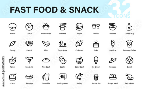 Fast Food Modern Line Icon Pack Featuring Minimal Clean Vector Outline Designs for Quick Bites, Cafe Branding, and Restaurant Menus