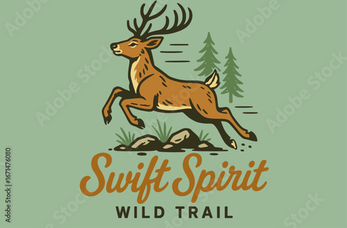 Illustration of an Agile Leaping Stag with a Pine Forest Background. Swift Spirit Wild Trail" Retro Logo Design for a Hiking Club or Outdoor Brand. Wildlife Vector in Vintage.