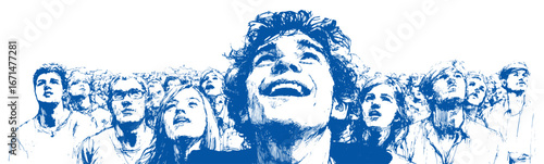 Crowd of young people looking up and expressing positive emotions. Vector sketch silhouette