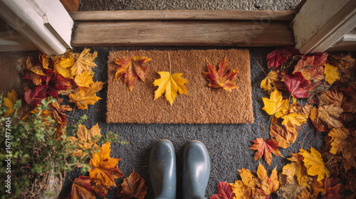 Doormat scattered with autumn leaves and gumboots in a hallway, seen from above