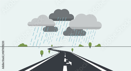 Navigating a winding road as rain falls from dark clouds, illustrating unpredictable weather and the challenges of a journey ahead